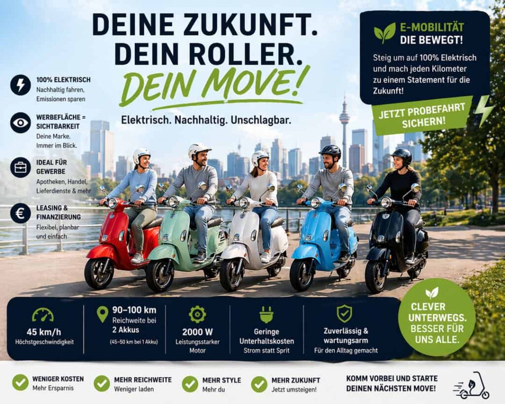 Bild: E-Roller - 100% elektrische Motorroller in Berlin, nachhaltige Stadtmobilität, Firmenleasing-Optionen und technische Spezifikationen für E-Scooter bis 45 km/h